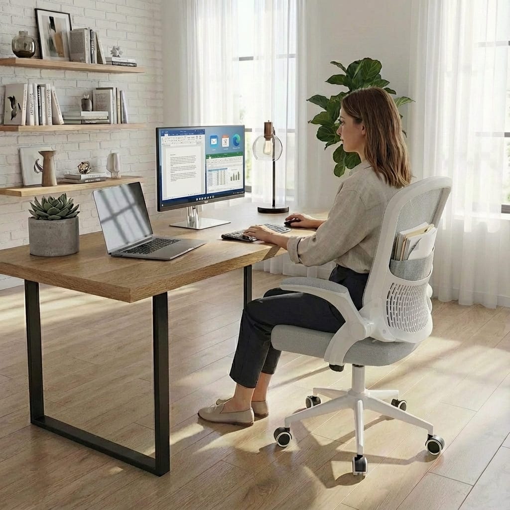 Femme utilisant un ordinateur dans un bureau à domicile lumineux, assise sur une chaise de bureau ergonomique blanche et grise avec dossier en maille et rangement intégré.