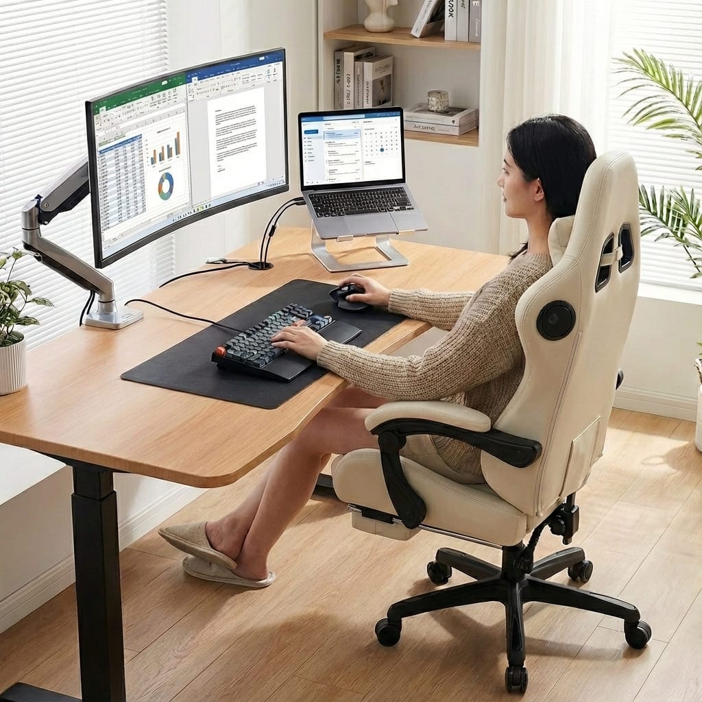Vue d'ensemble d'un poste de travail avec une femme assise sur une chaise de bureau ergonomique GTPLAYER ultra-confort muni de haut-parleurs Bluetooth intégrés et d'un bureau réglable.