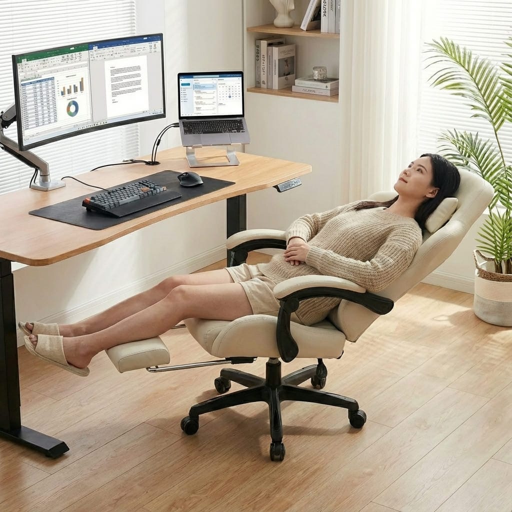 Femme se relaxant sur une chaise de bureau ergonomique beige GTPLAYER en position inclinée avec repose-pieds déployé, dans un bureau lumineux.