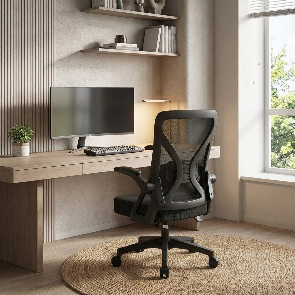 Chaise de bureau ergonomique noire en maille placée devant un bureau à domicile moderne en bois clair. La scène montre un espace de travail minimaliste et lumineux près d'une fenêtre, avec un tapis rond en jute et des étagères murales. Idéal pour un télétravail confortable.