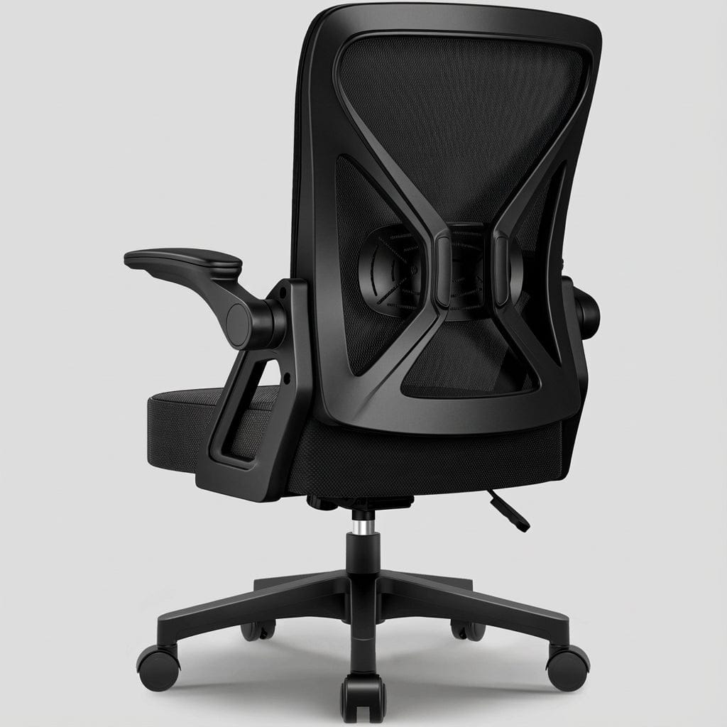 Chaise de bureau ergonomique noire en maille mesh, avec structure et piètement noirs. Design moderne avec support lombaire et accoudoirs relevables pour un confort professionnel optimal.