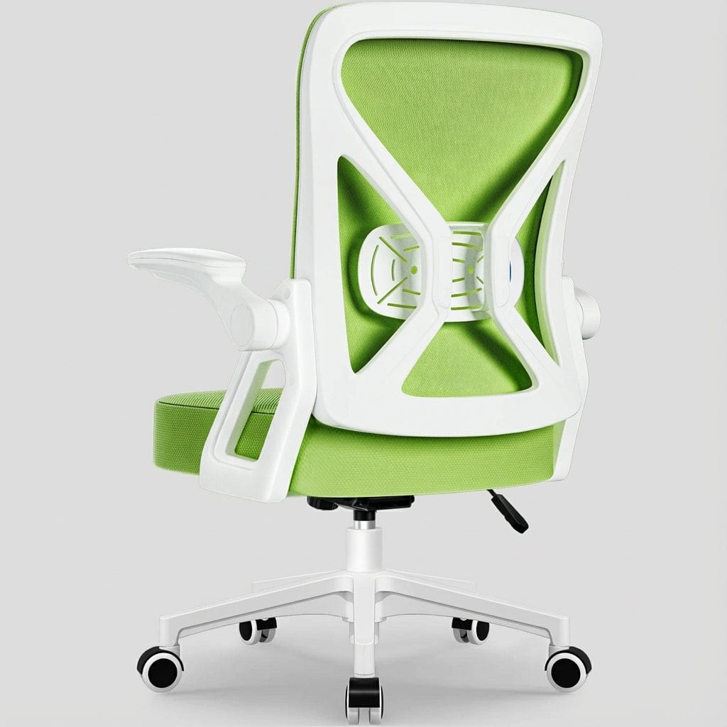 Chaise de bureau ergonomique design, couleur vert citron vif et blanc. Dossier ventilé avec soutien lombaire et accoudoirs flip-up. Idéale pour le télétravail ou le gaming.