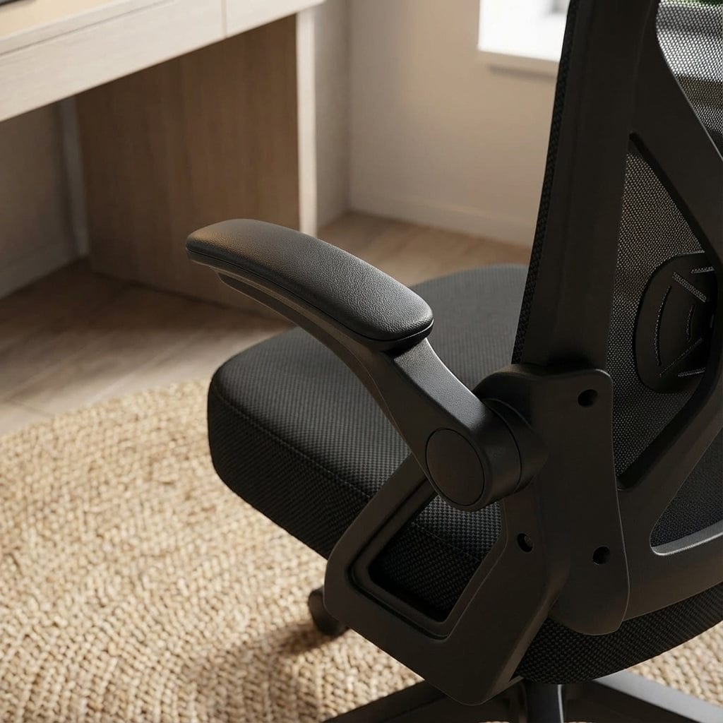Gros plan sur l'accoudoir en similicuir noir et le mécanisme relevable (flip-up) de la chaise de bureau ergonomique.