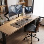 Chaise de bureau ergonomique en bois de noyer et cuir PU dans un bureau moderne avec double écran.