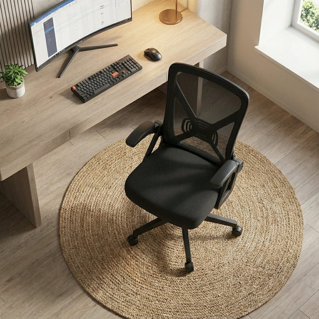 Vue plongeante d'une chaise de bureau ergonomique noire en maille respirante avec accoudoirs relevables, placée sur un tapis en jute rond. La chaise est devant un bureau à domicile en bois clair et un écran incurvé.