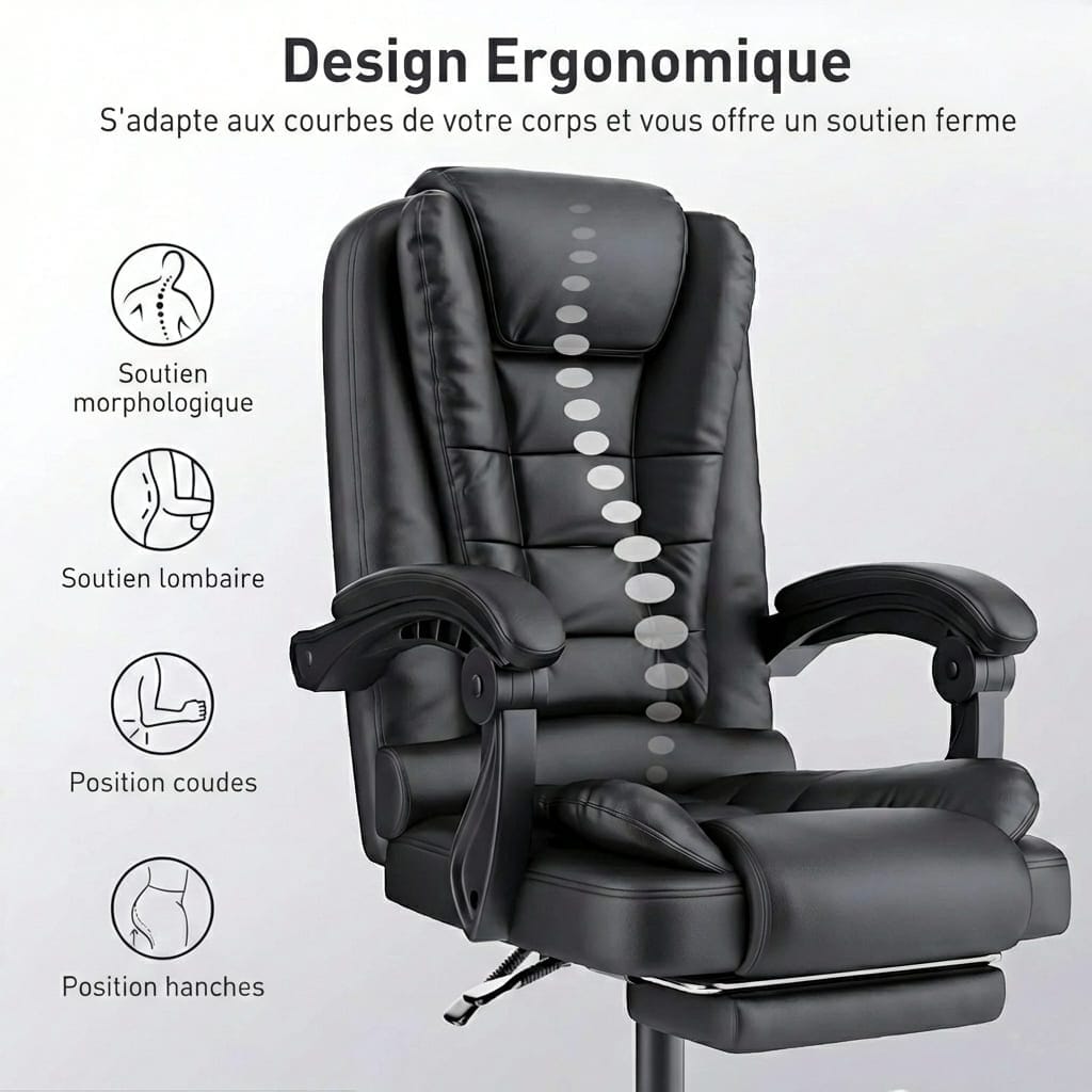 Schéma du design ergonomique montrant les points de soutien morphologique, lombaire, ainsi que la position optimale des coudes et des hanches pour un confort prolongé.