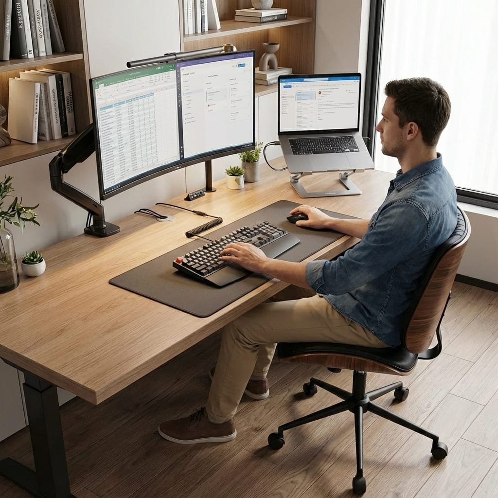Homme travaillant sur une chaise de bureau ergonomique sans accoudoirs face à un grand bureau en bois.