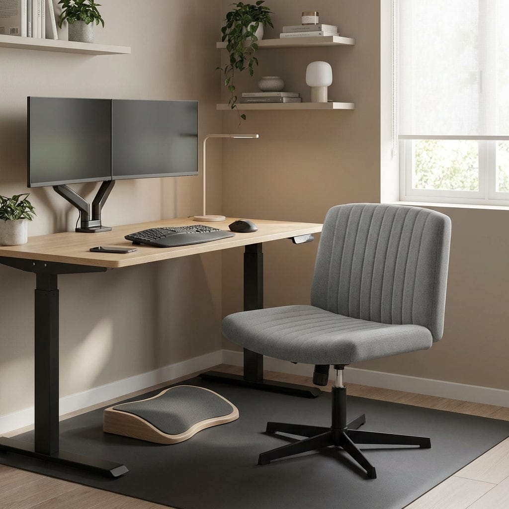 Chaise de bureau Flexi-Zen intégrée dans un espace de travail moderne avec bureau assis-debout.