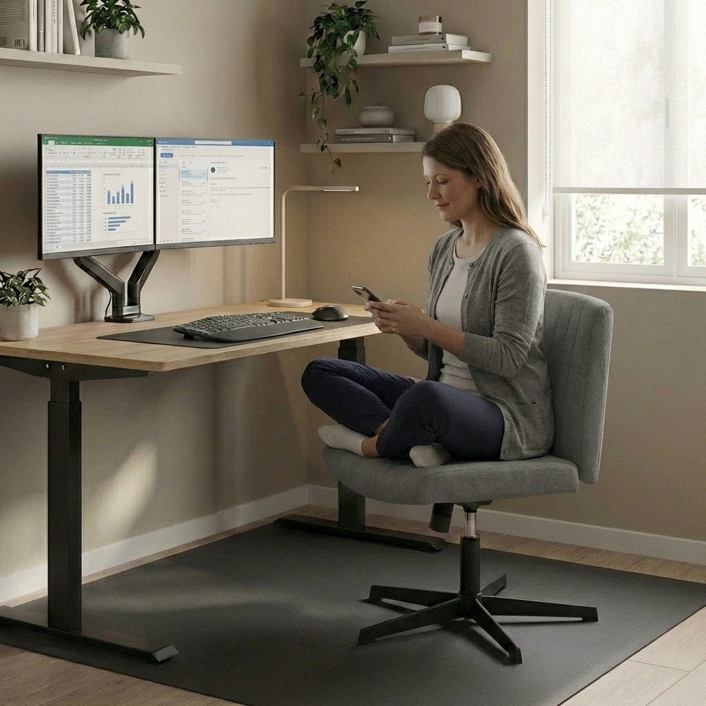 Femme assise en tailleur sur la chaise de bureau Flexi-Zen montrant l'assise extra-large.