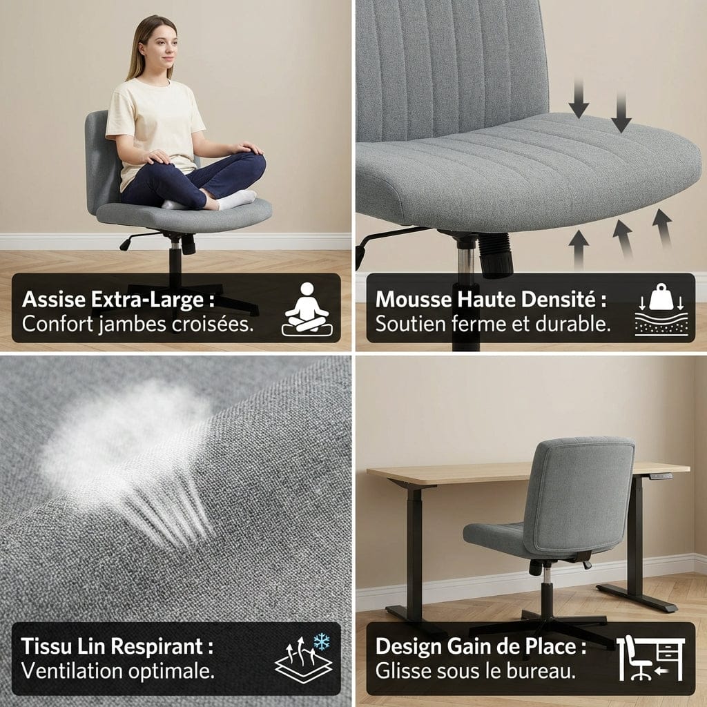 Infographie des avantages de la chaise Flexi-Zen : mousse haute densité et tissu lin respirant.