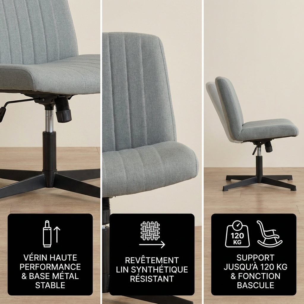 Détails du mécanisme de bascule et du vérin haute performance de la chaise Flexi-Zen.