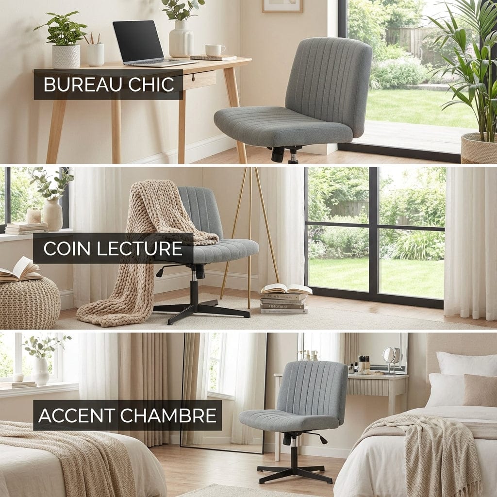 Montage de trois photos présentant la chaise de bureau sans accoudoirs FLEXI-ZEN en gris : configurée dans un bureau chic, un coin lecture relaxant avec un plaid et une chambre élégante comme siège d'appoint.