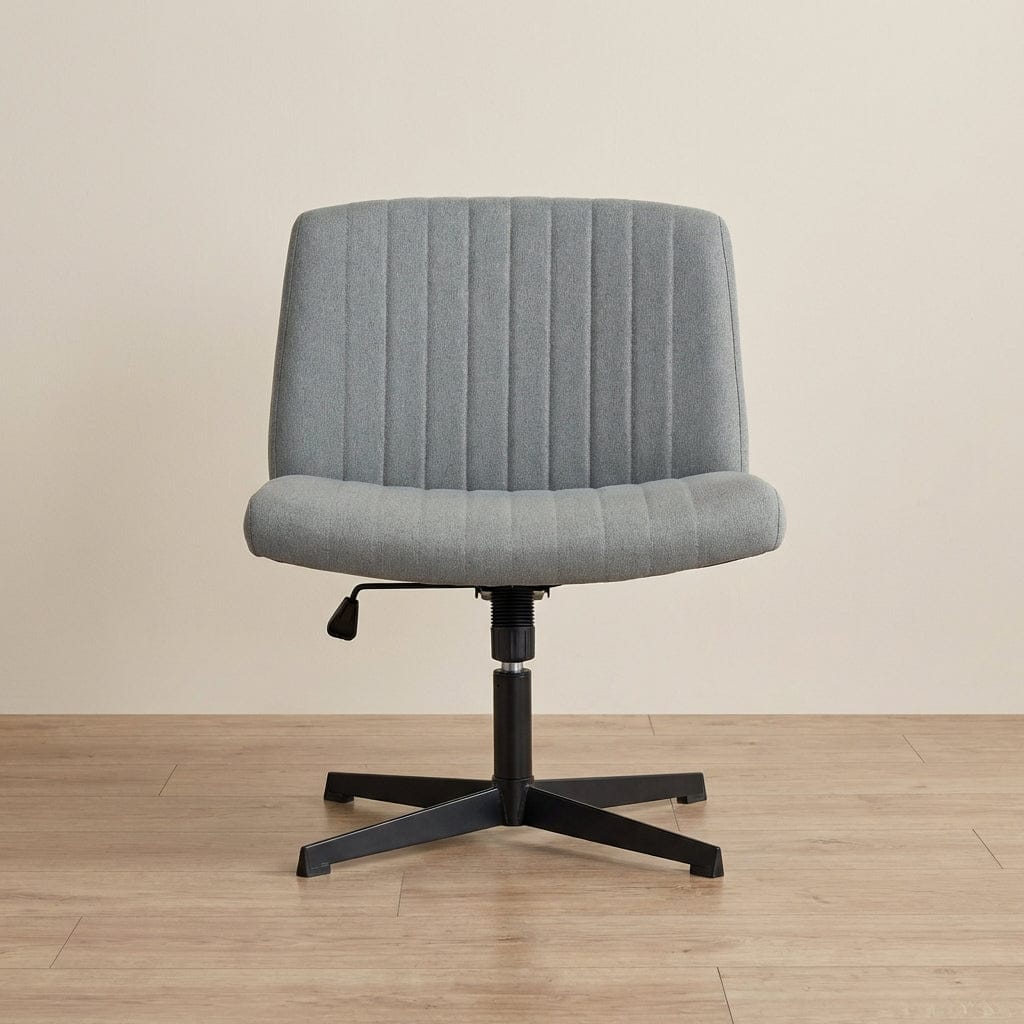 Vue de face de la chaise de bureau Flexi-Zen en tissu lin gris au design minimaliste.