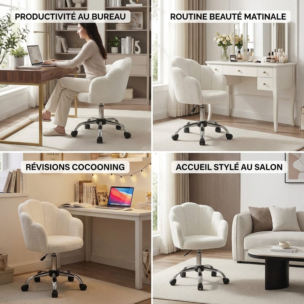 Infographie présentant la polyvalence de la chaise de bureau FLORIA en tissu bouclé blanc dans quatre situations : productivité au bureau, routine beauté matinale devant une coiffeuse, révisions cocooning et accueil stylé dans un salon.