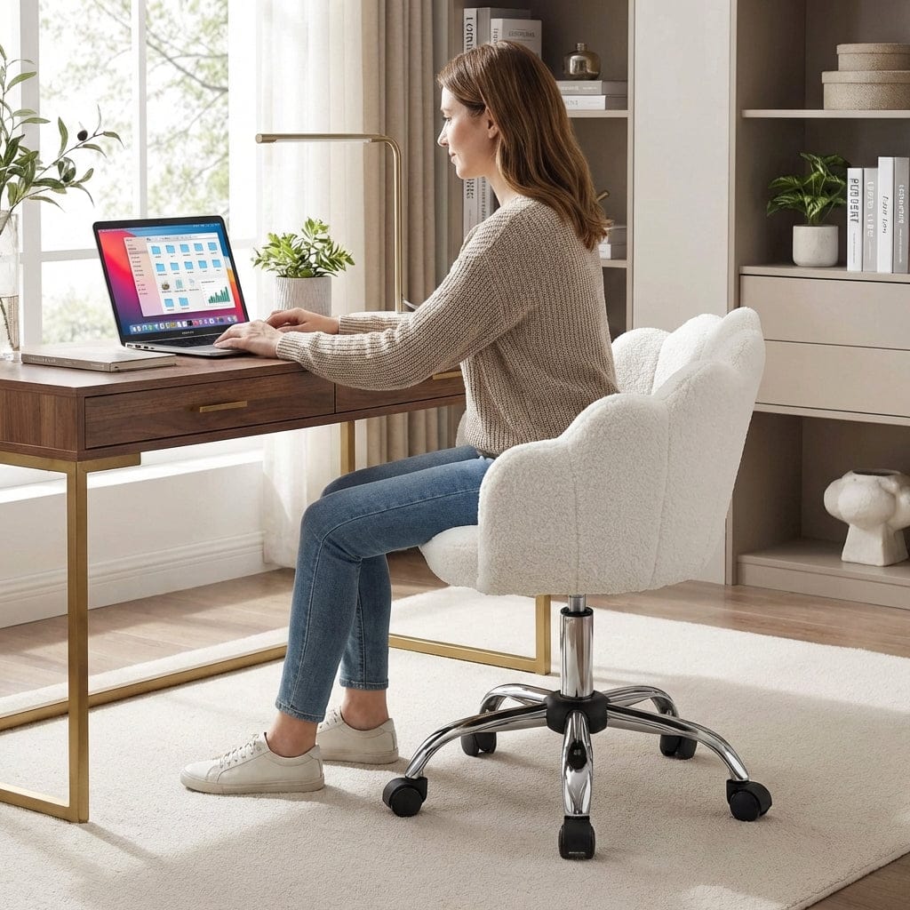 Vue de profil d'une femme utilisant la chaise de bureau FLORIA en tissu bouclé blanc.
