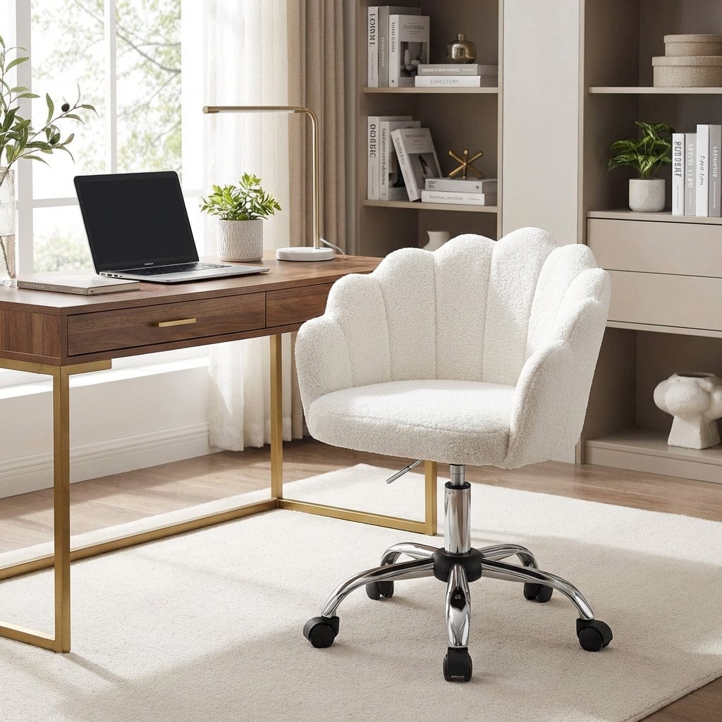 Chaise de bureau FLORIA blanche au design pétale installée devant un bureau en bois.