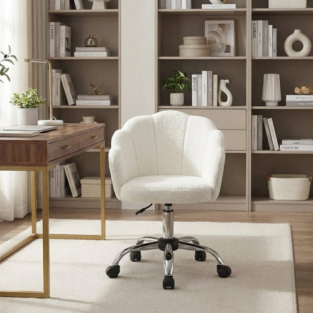 Vue de face de la chaise de bureau FLORIA devant une bibliothèque moderne.