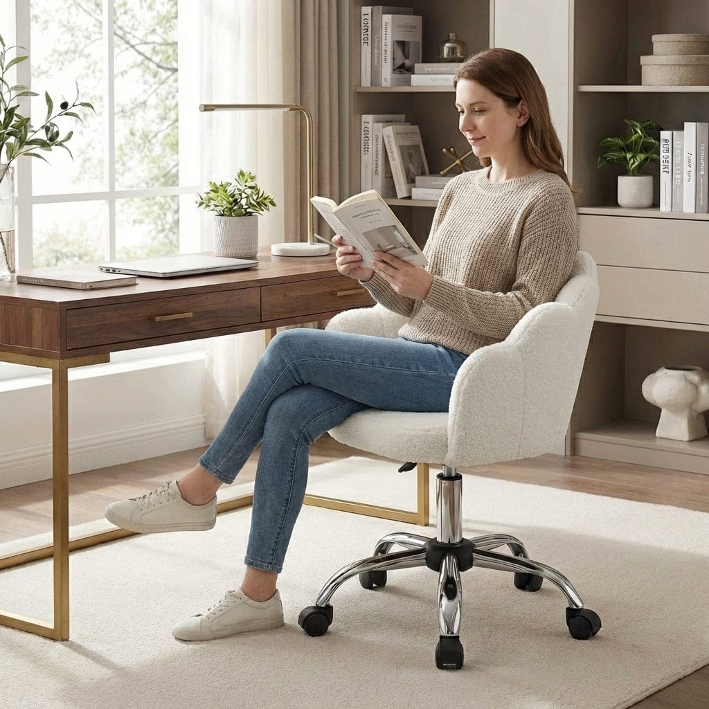 Moment de détente et lecture dans la chaise de bureau FLORIA élégante et ergonomique.