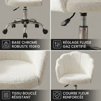 Zoom sur les finitions de la chaise FLORIA : tissu bouclé résistant et réglage fluide.