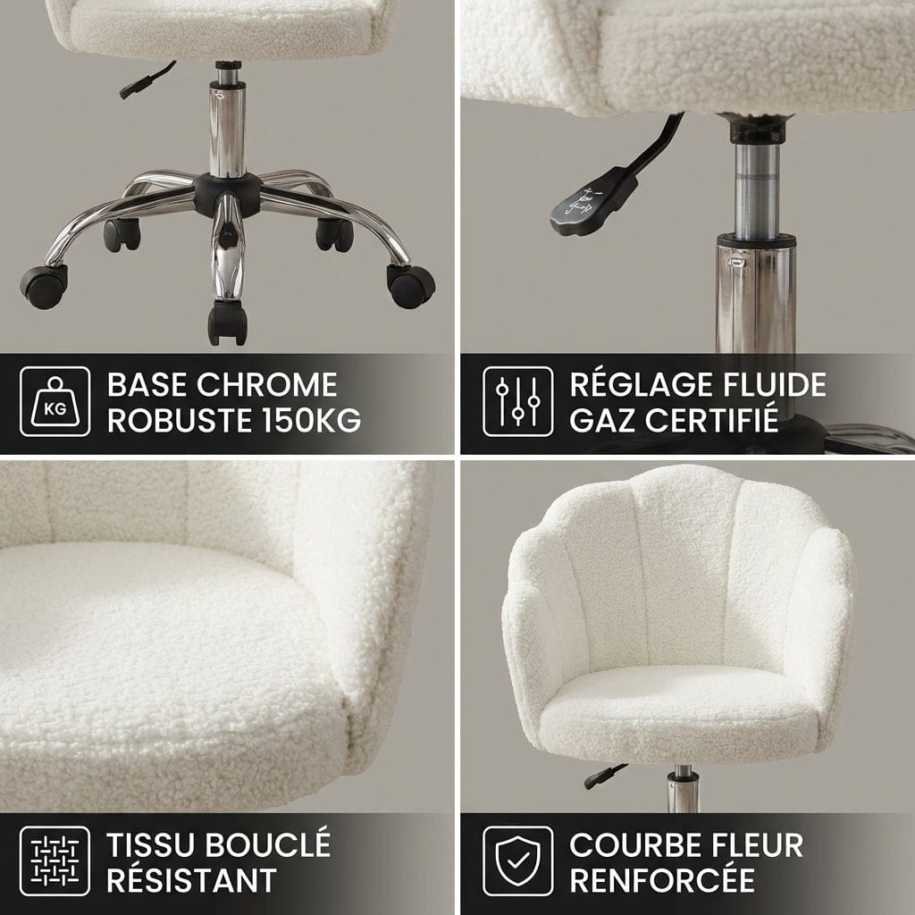 Zoom sur les finitions de la chaise FLORIA : tissu bouclé résistant et réglage fluide.