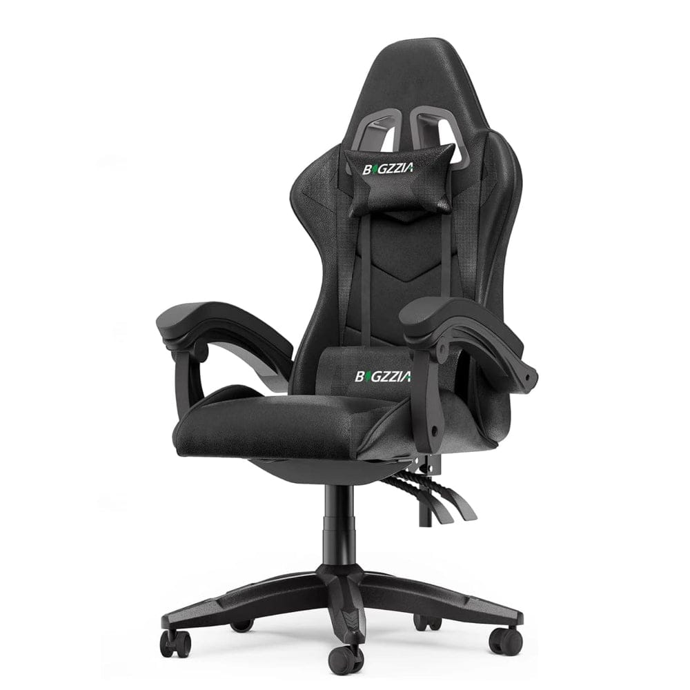Chaise de bureau gaming noire sobre avec dossier inclinable et accoudoirs rembourrés.