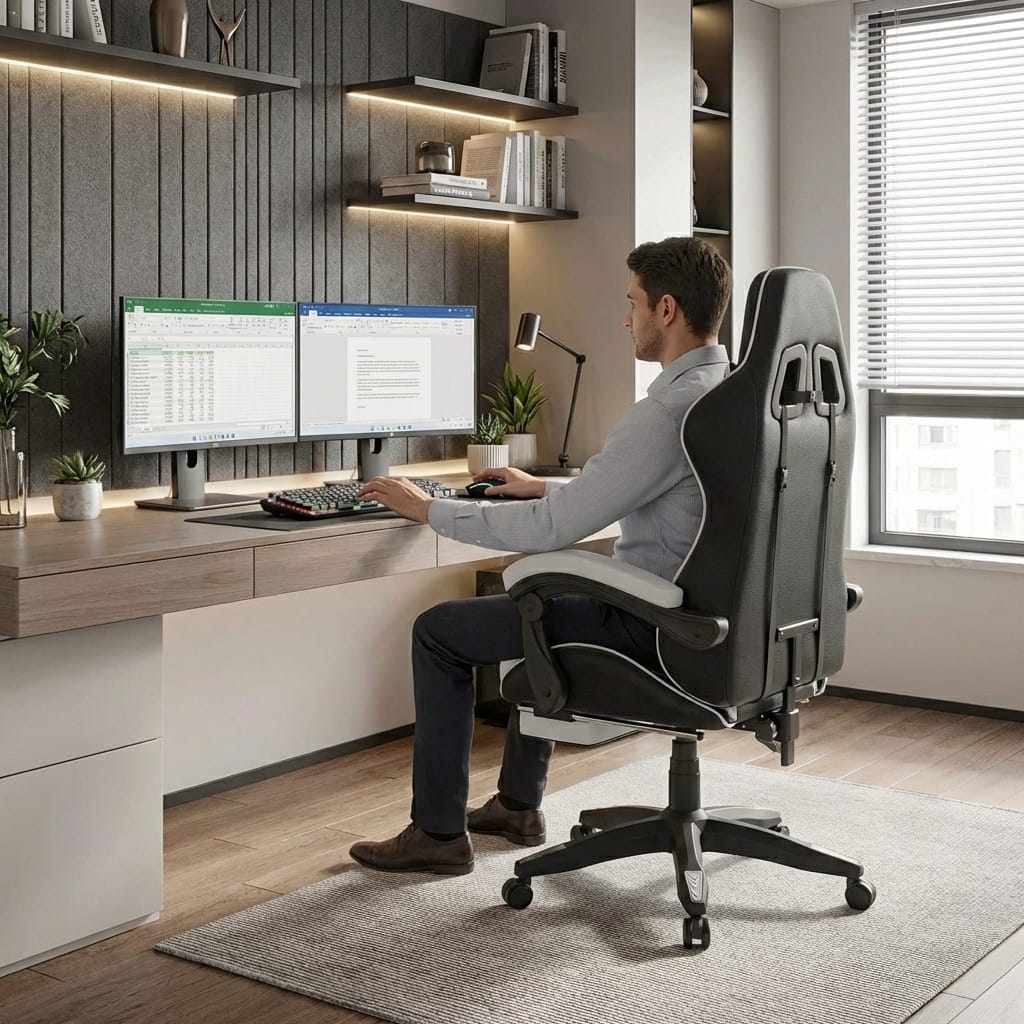 Homme travaillant devant un double écran assis dans une chaise gaming ergonomique favorisant une bonne posture.