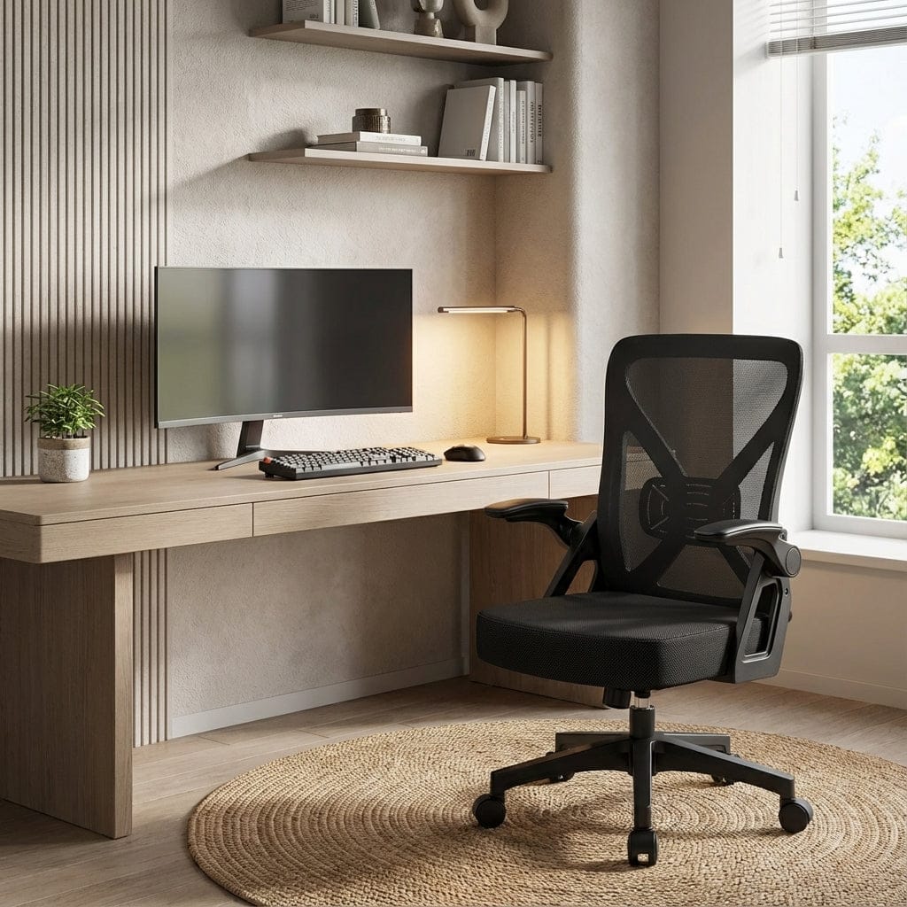 Vue de face d'une chaise de bureau ergonomique noire en maille respirante avec accoudoirs baissés, devant un bureau à domicile moderne et minimaliste. L'image montre le siège rembourré et la base à roulettes.