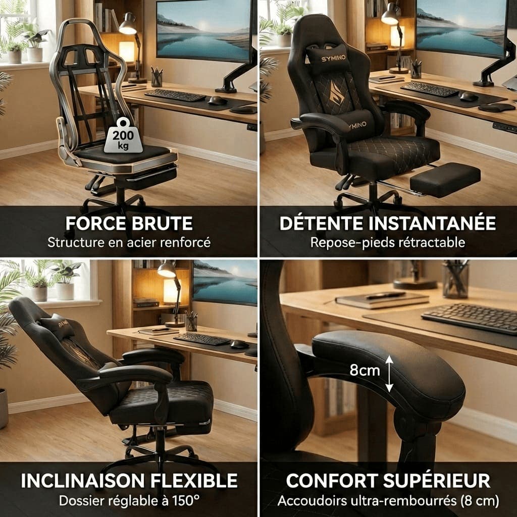 Quatre avantages clés de la chaise gaming : structure robuste, repose-pieds pour une détente instantanée, inclinaison à 150° et accoudoirs ultra-rembourrés.