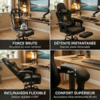 Quatre avantages clés de la chaise gaming : structure robuste, repose-pieds pour une détente instantanée, inclinaison à 150° et accoudoirs ultra-rembourrés.