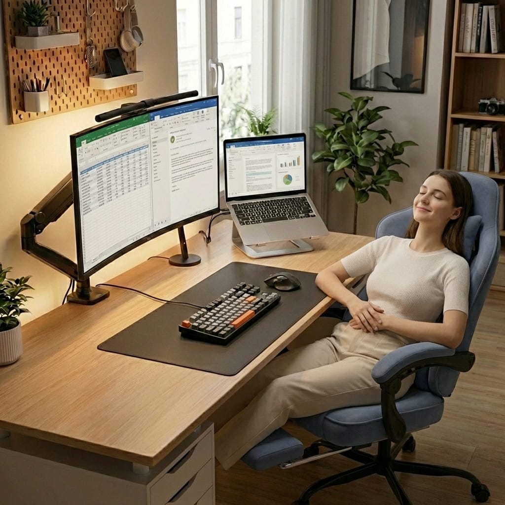 Utilisatrice relaxée profitant de l'inclinaison de la chaise de bureau SUKIDA.
