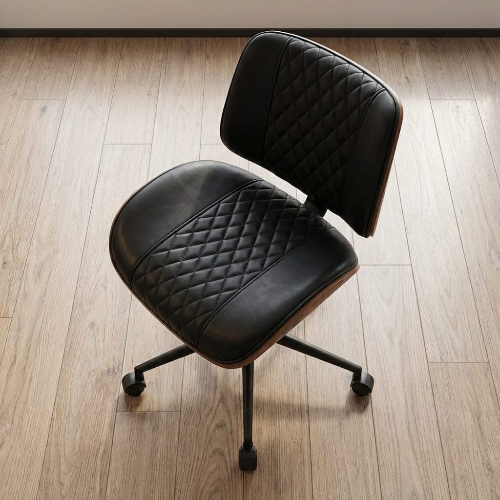 Vue de dessus de l'assise matelassée en cuir PU noir d'une chaise de bureau design sans accoudoirs.