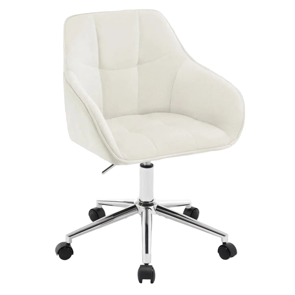Chaise de bureau pivotante en velours blanc crème élégante avec hauteur ajustable.
