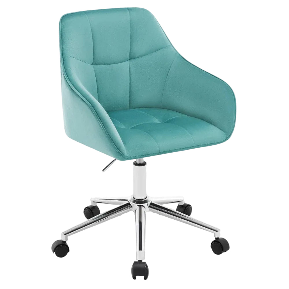 Chaise de bureau pivotante en velours bleu turquoise avec accoudoirs et pied chromé.
