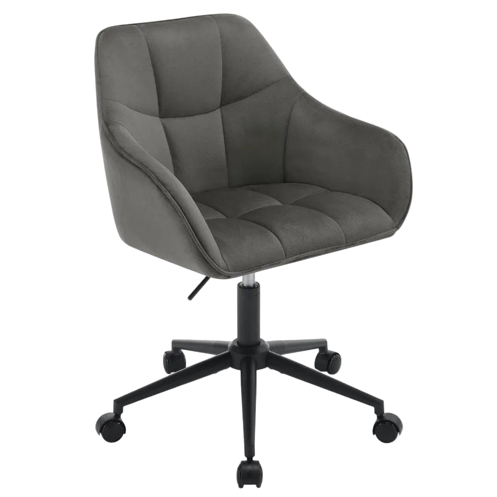 Chaise de bureau pivotante en velours gris avec structure et piétement noir mat.