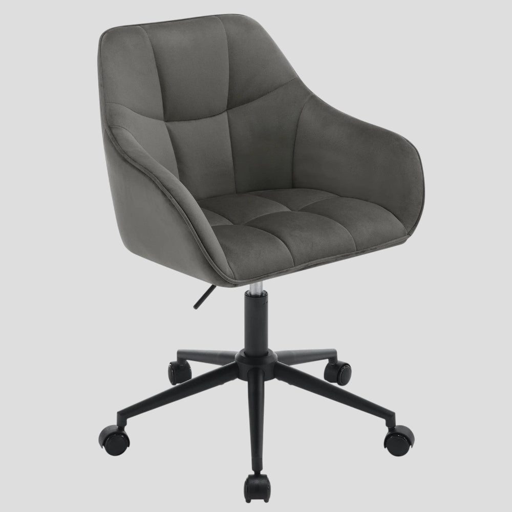 Chaise de bureau pivotante en velours gris avec structure et piétement noir mat.