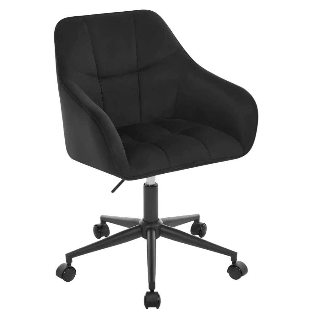 Chaise de bureau pivotante en velours noir avec structure et piétement noir mat.