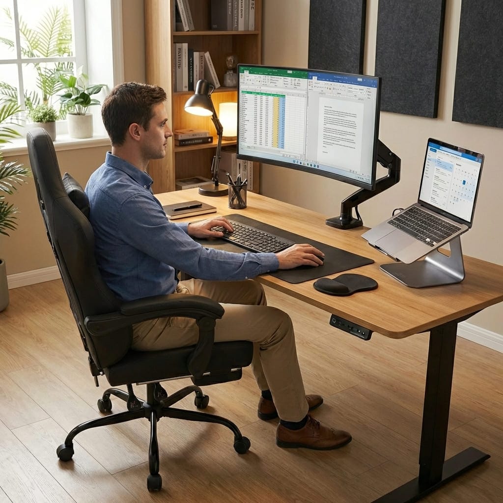 Homme travaillant à son bureau sur ordinateur, assis dans une chaise gaming SYMINO offrant un maintien ergonomique du dos.