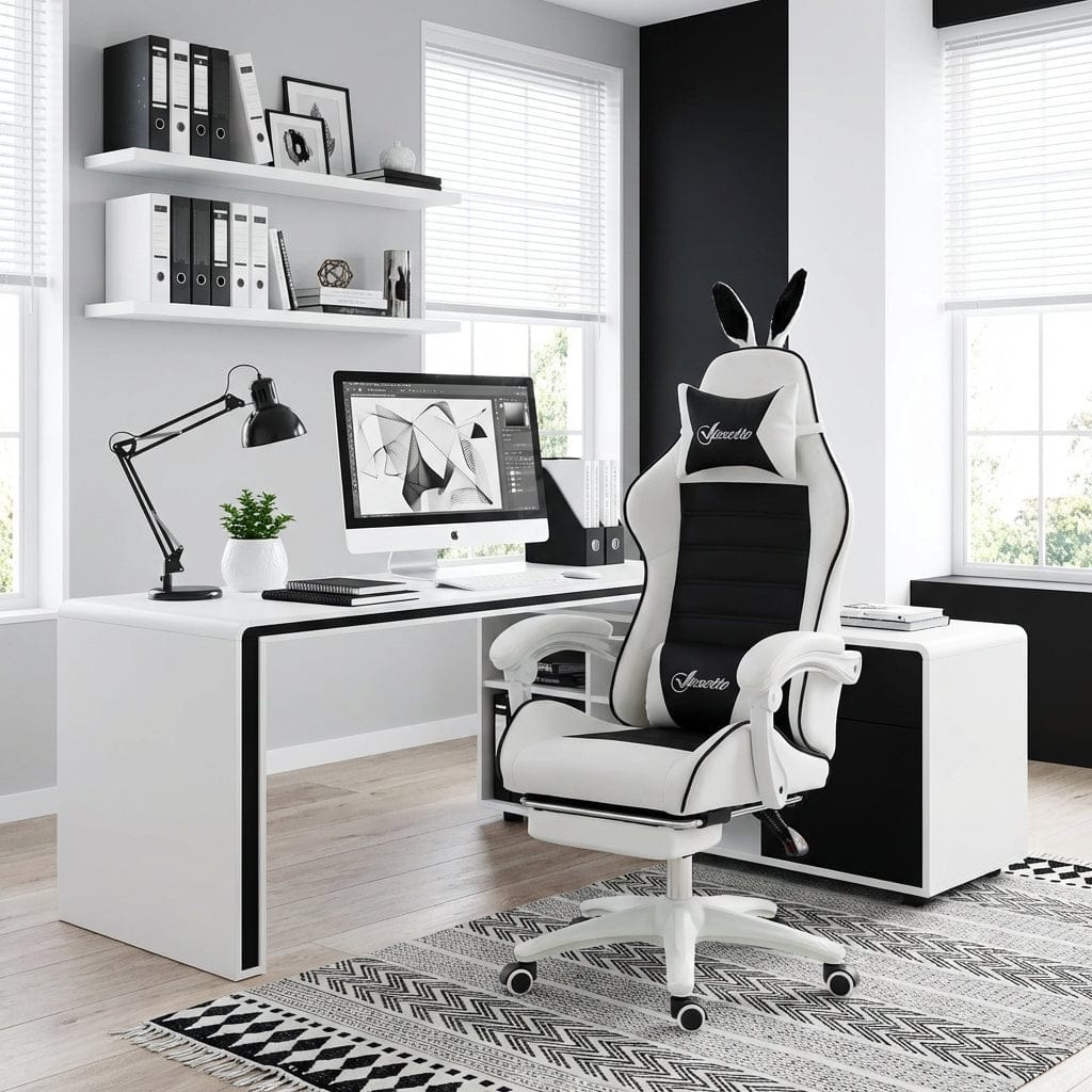 Aménagement de bureau élégant avec la chaise ergonomique BunnyComfort blanche et noire.