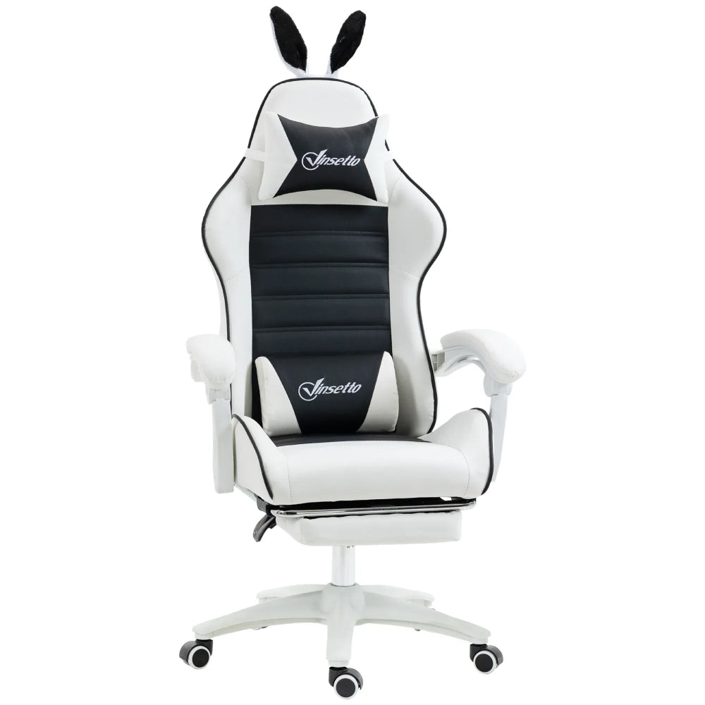 Chaise ergonomique BunnyComfort noire et blanche au design style lapin, assise grand confort et appui-tête.