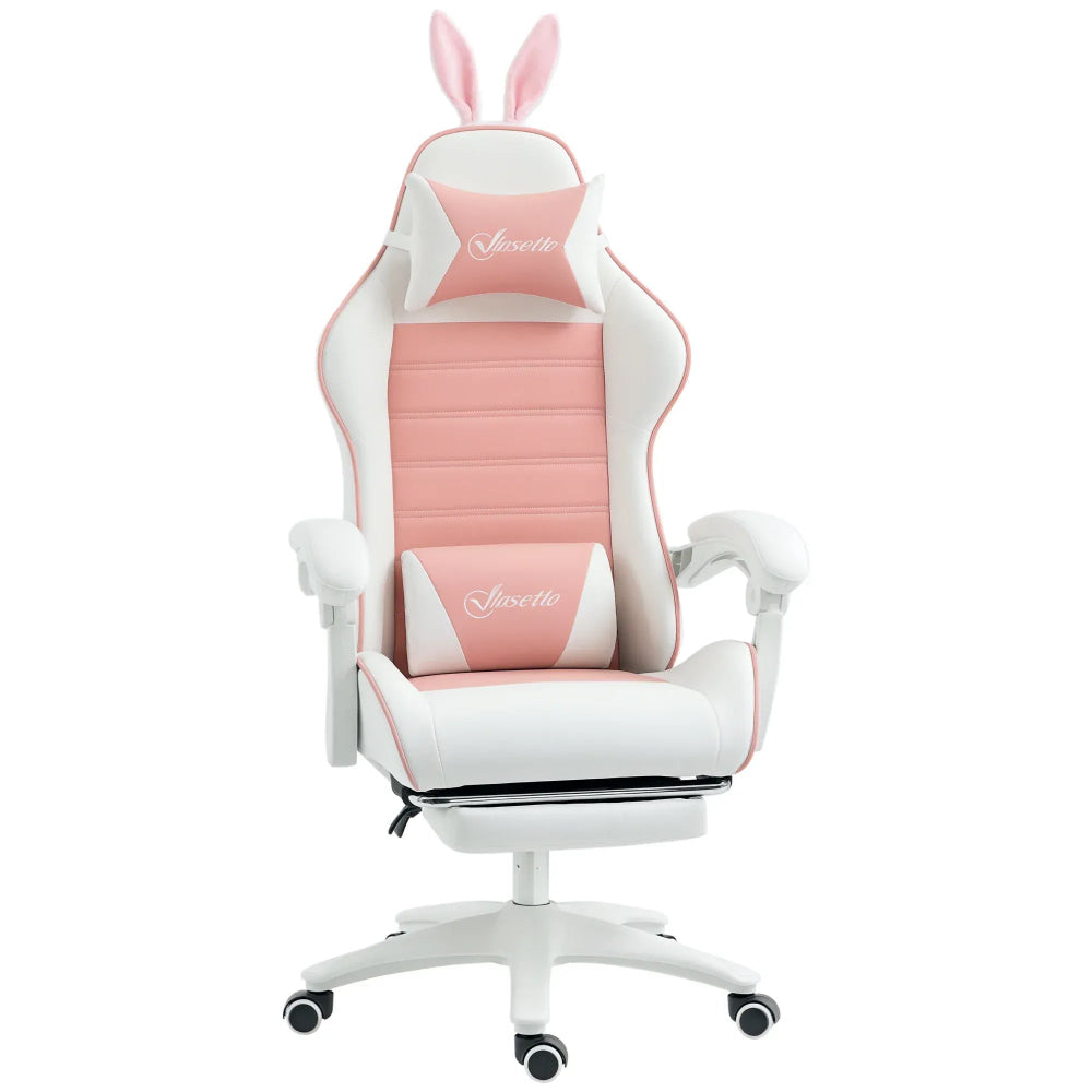 Chaise ergonomique BunnyComfort rose et blanche avec oreilles de lapin, coussins lombaires et repose-pieds pour le bien-être.