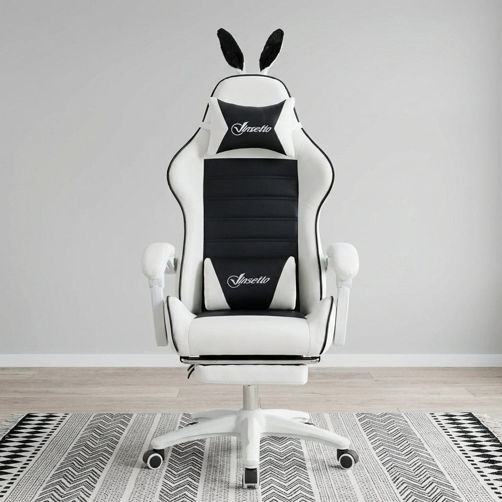 Vue de face de la chaise ergonomique BunnyComfort blanche et noire avec oreilles de lapin.