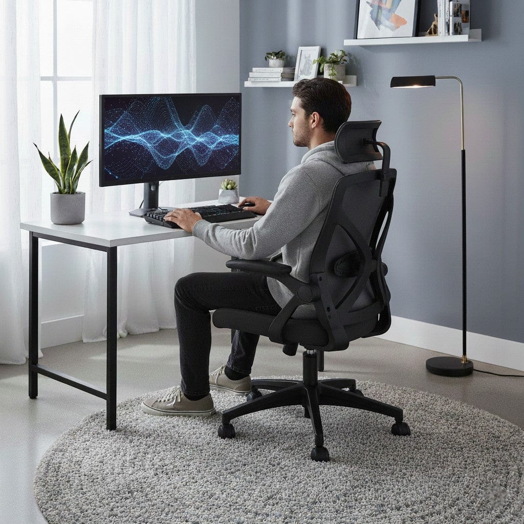 Homme assis sur une chaise de bureau ergonomique dans un home office moderne aux couleurs blanches et grises