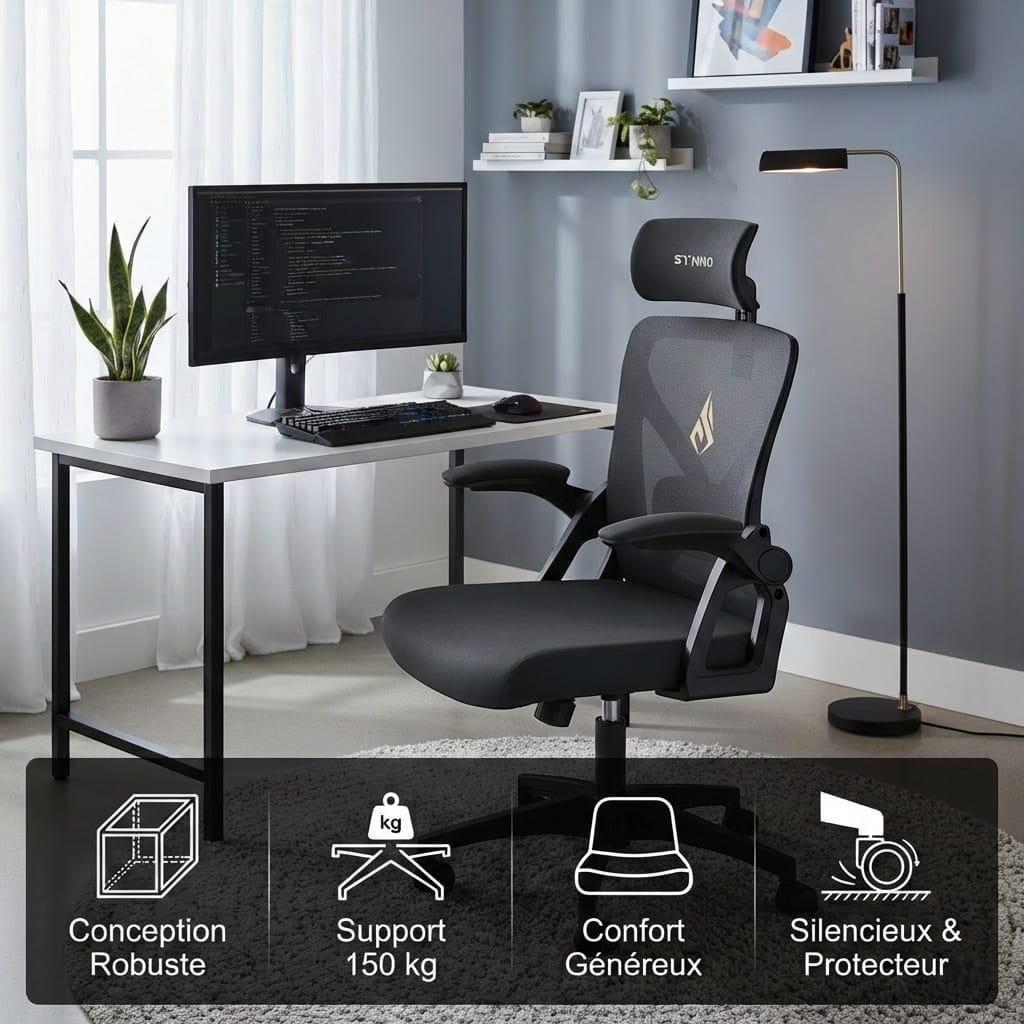 Mise en situation et robustesse (150kg) de la Chaise Ergonomique de Bureau avec Appui-Tête Réglable et Support Lombaire - Dossier Mesh Respirant dans un espace de travail.