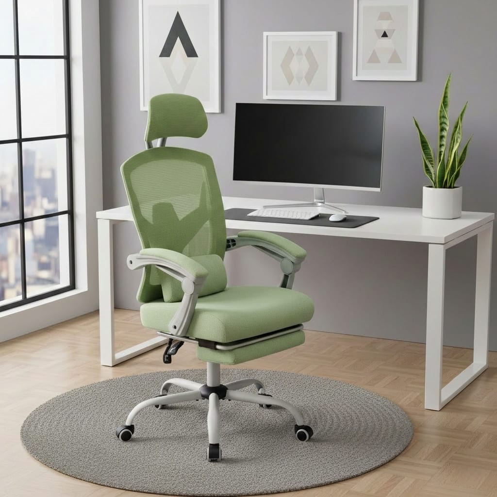 Vue de face de la chaise ergonomique de bureau verte avec son repose-pieds rétractable rangé sous l'assise et son support lombaire visible.