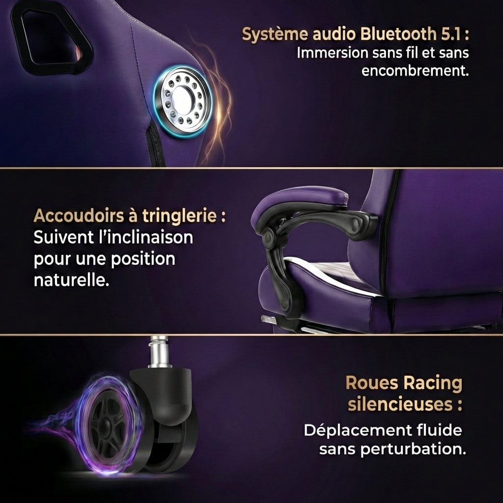 Gros plans sur les haut-parleurs Bluetooth 5.1, les accoudoirs à tringlerie et les roues racing de la chaise Dragon Ace.