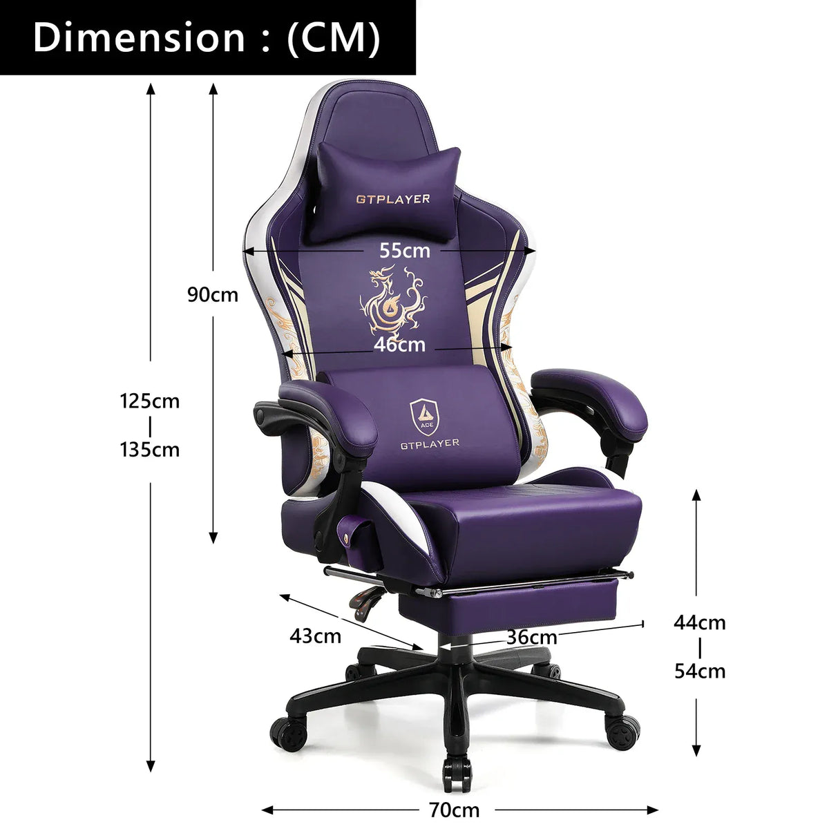 Schéma détaillé des dimensions (hauteur, largeur, assise) de la chaise ergonomique Dragon Ace.