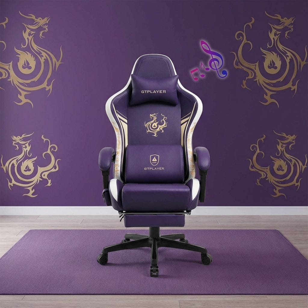 Vue de face de la chaise ergonomique Dragon Ace avec icônes de musique illustrant le système audio intégré.