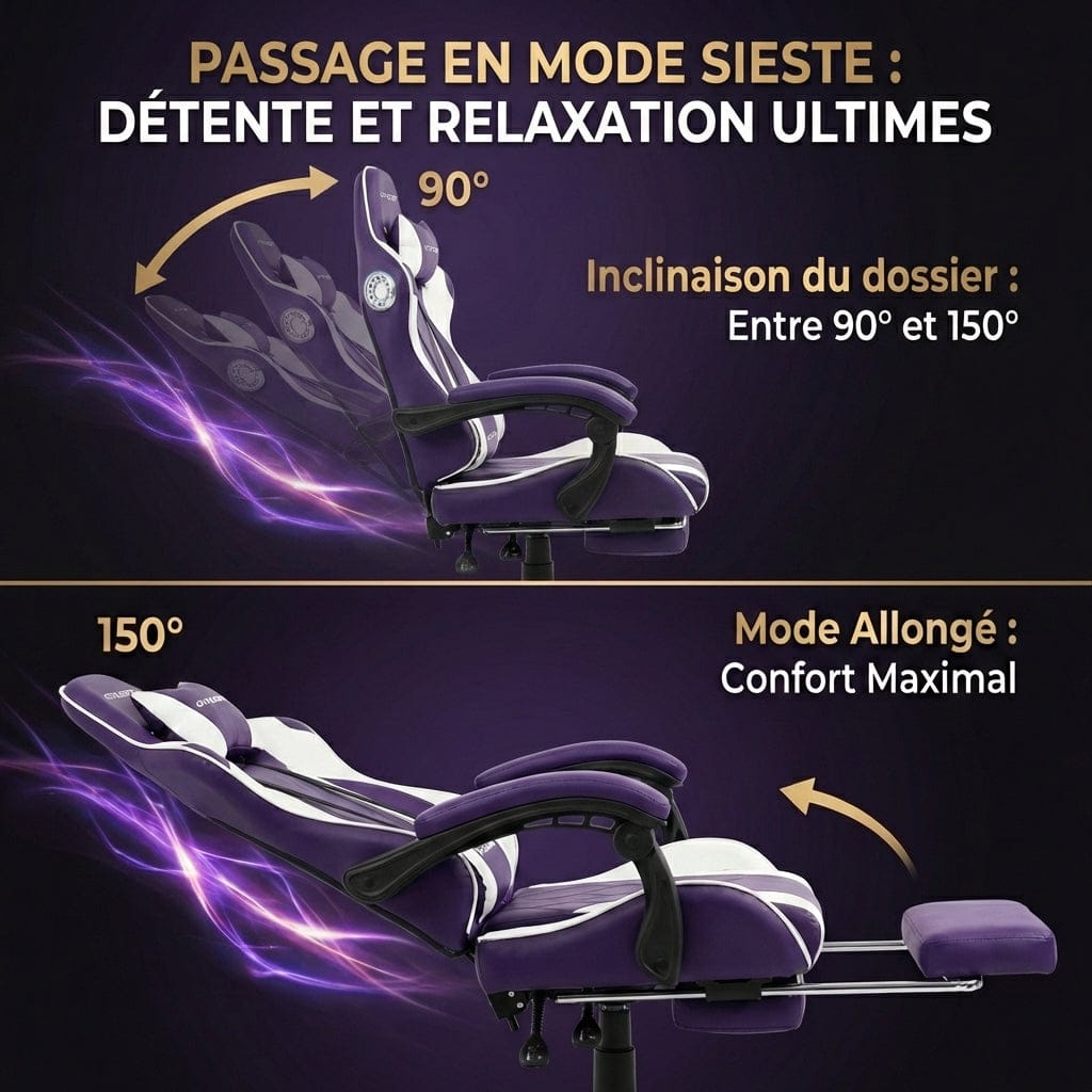 Illustration des angles d'inclinaison du dossier de 90° à 150° de la chaise ergonomique Dragon Ace pour le mode sieste.