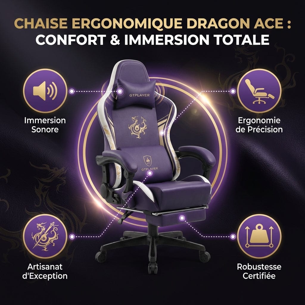 Infographie présentant les avantages clés de la chaise ergonomique Dragon Ace : immersion sonore, ergonomie, artisanat et robustesse.