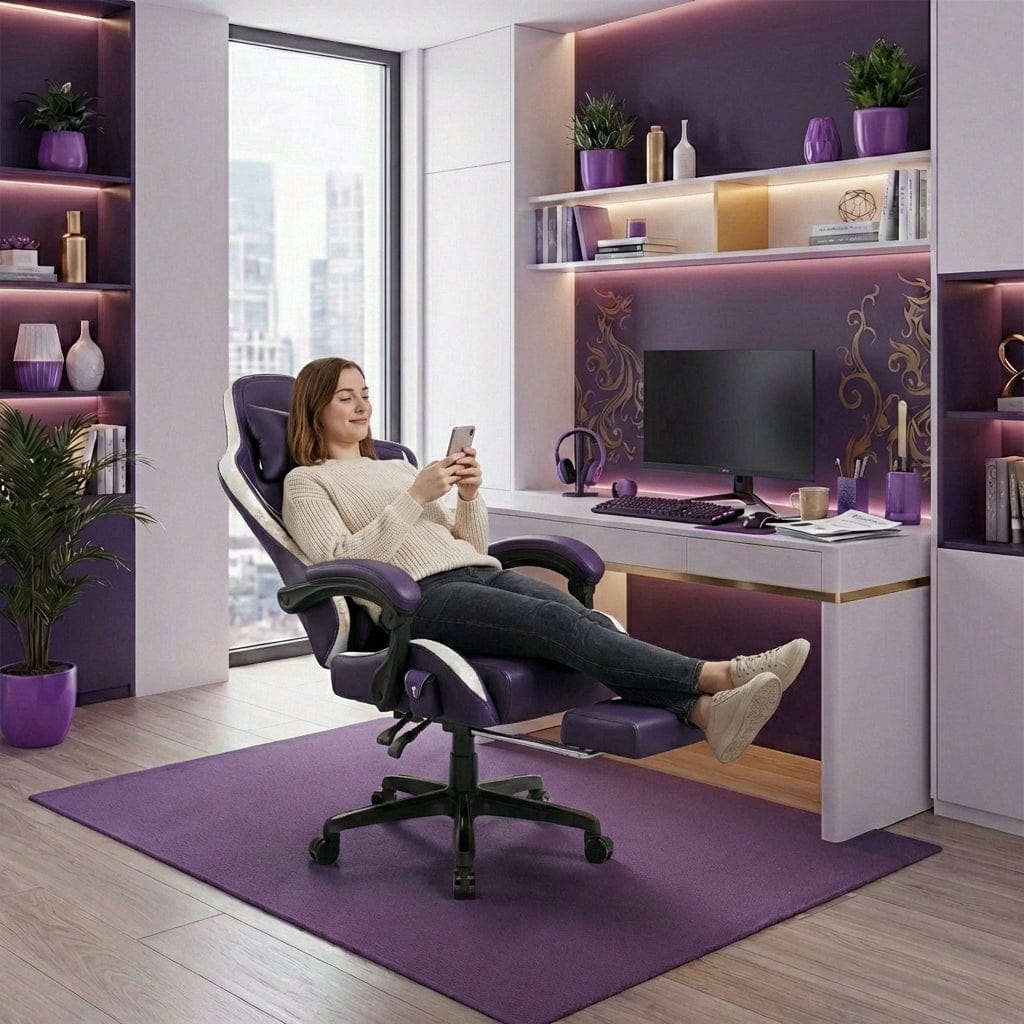 Femme relaxée utilisant le repose-pieds et l'inclinaison maximale de la chaise ergonomique Dragon Ace.
